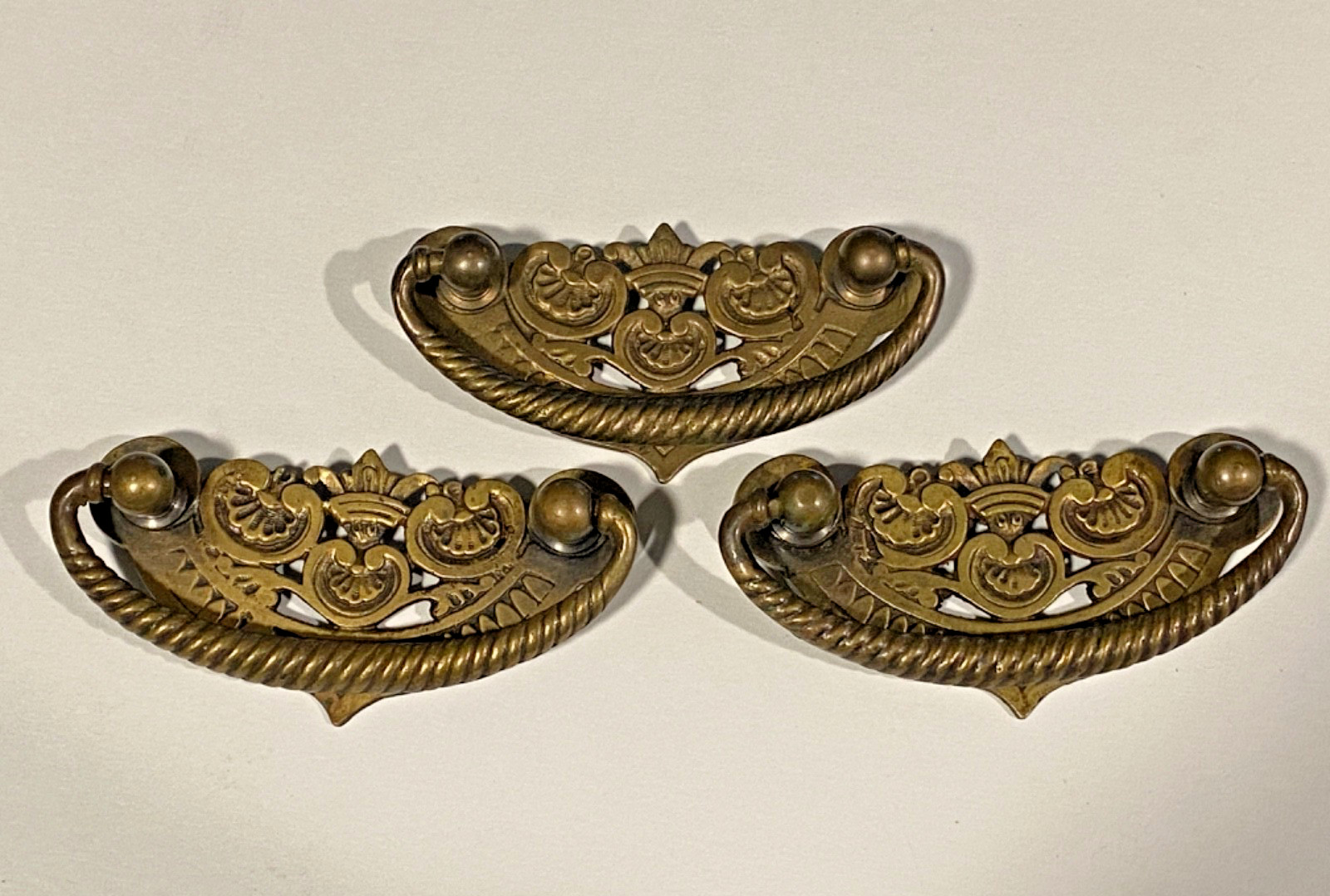 3 Vintage Cast Brass Bail Drawer Pull Classic Shell Design