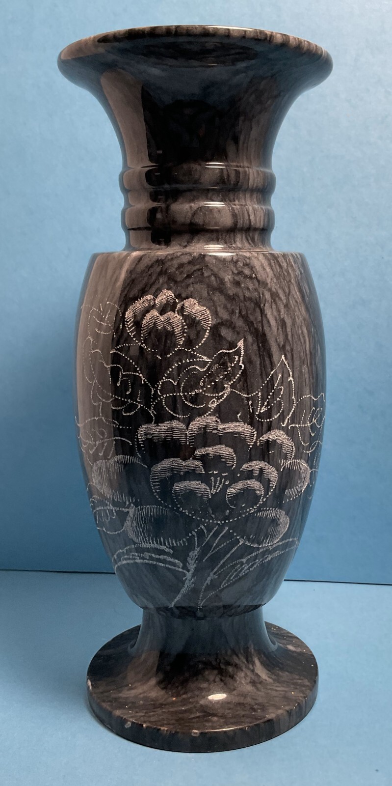 Vintage Black & Gray Marble Bud Vase with Hand Etched Floral Design 12″ x 5″