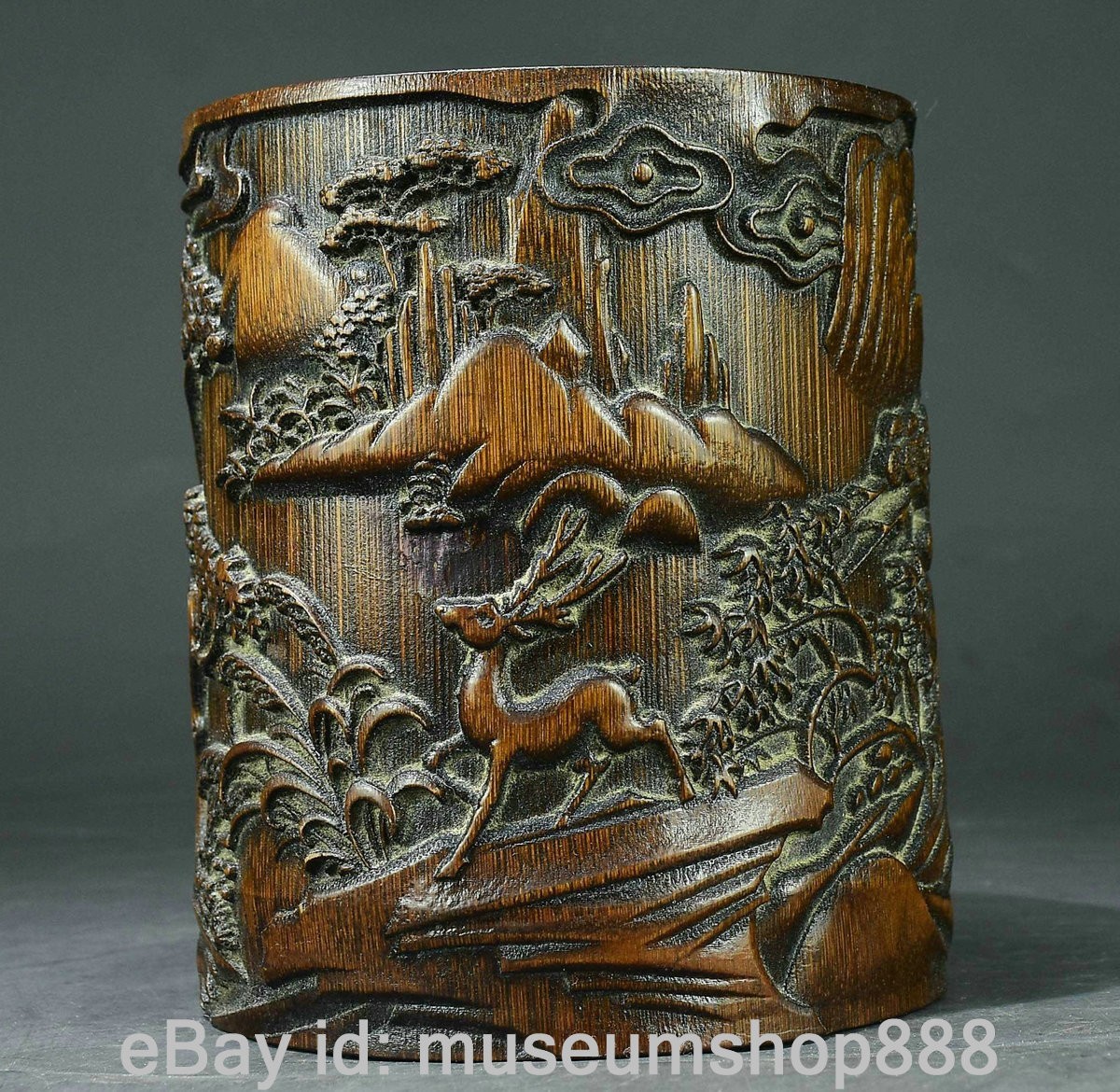 6.8″ Old Chinese Bamboo Carving Mountain Deer Pine Tree Brush Pot Pencil Vase