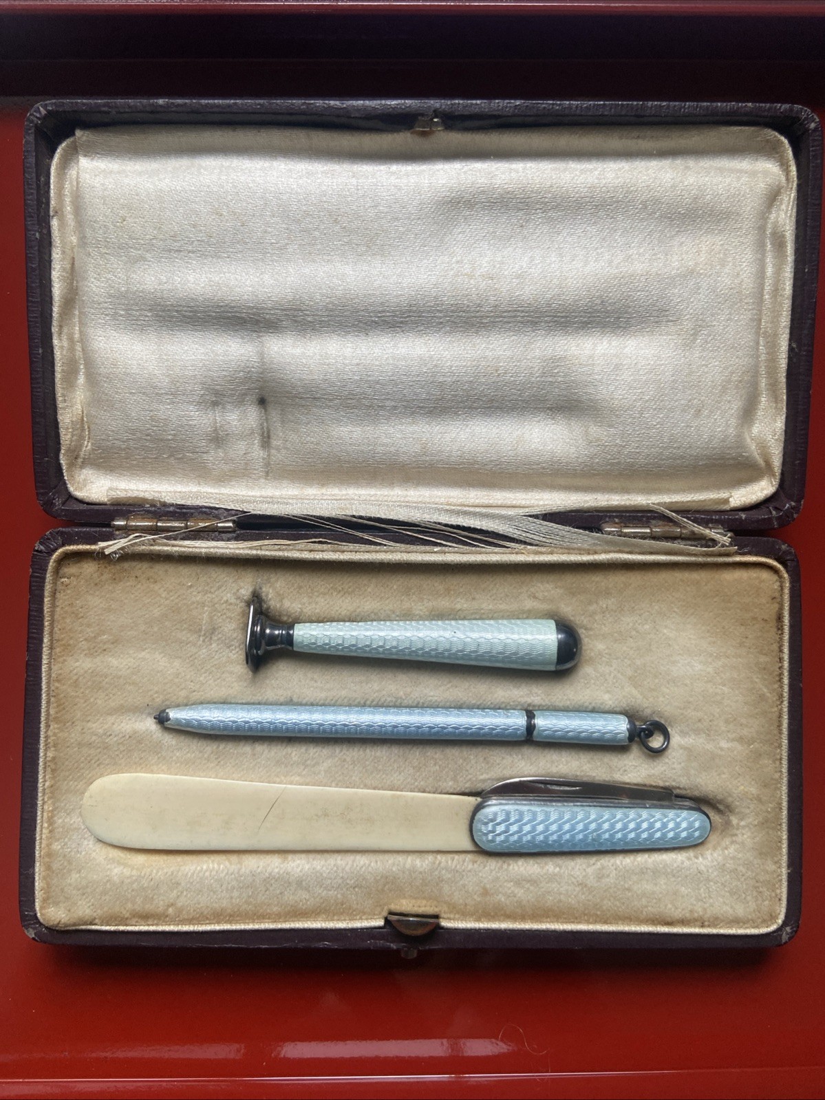 Antique Vintage 1800’ Sterling Silver 900 Enamel Cloissene Desk Set Seal Pencil