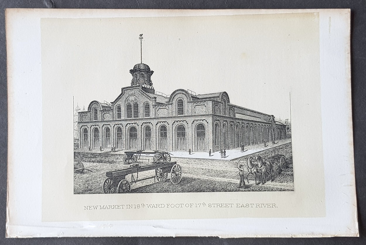 1869 D T Valentine Antique Print of New Market 17th St East River, New York City