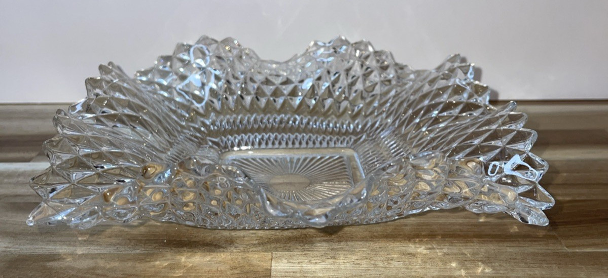 Vintage Indiana Glass Co. MCM Clear P/Square Ruffled Diamond Point Candy Dish