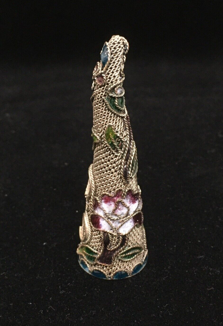Antique Chinese Silver Filigree & Floral Enamel Finger Nail Cover 8.4g