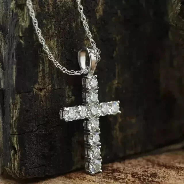 3Ct Round-Cut Lab Created Cross Pendant 14K White Gold Plated