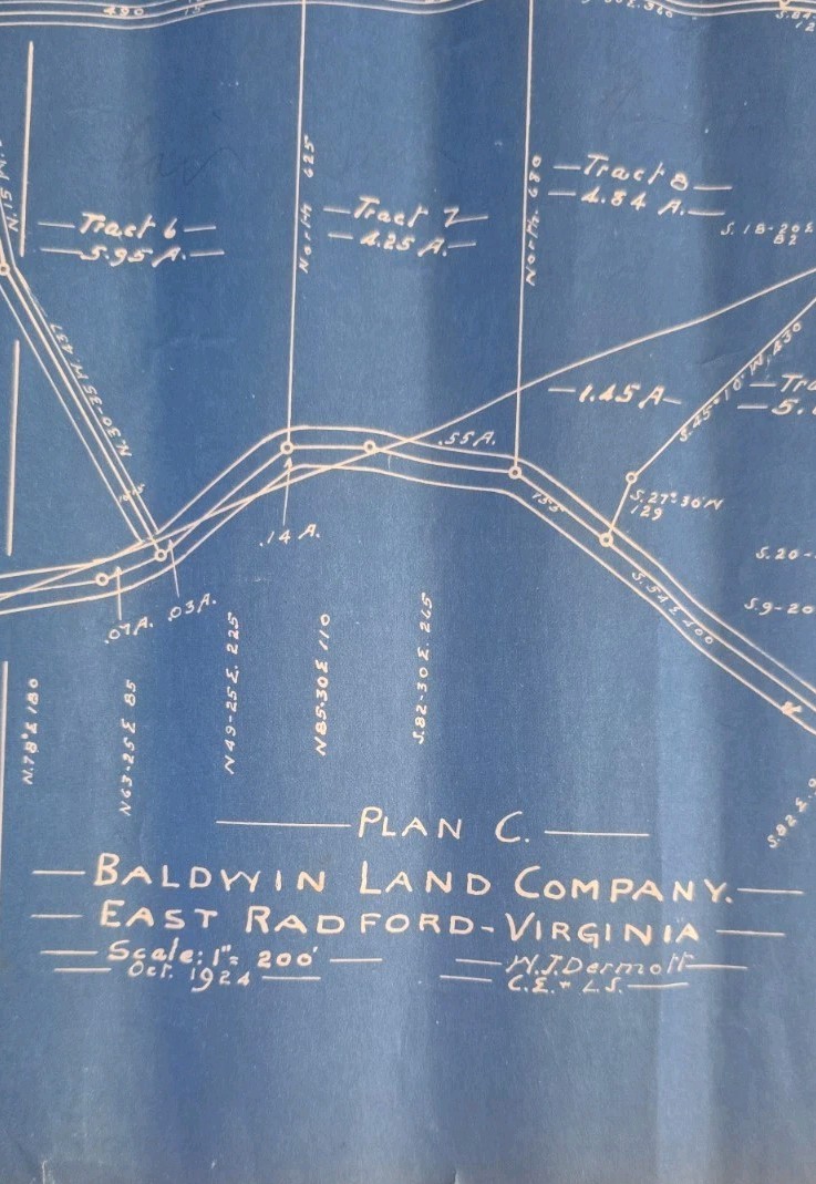 1924 Radford VA Blueprint Baldwin Land Co East Radford Virginia Survey Map