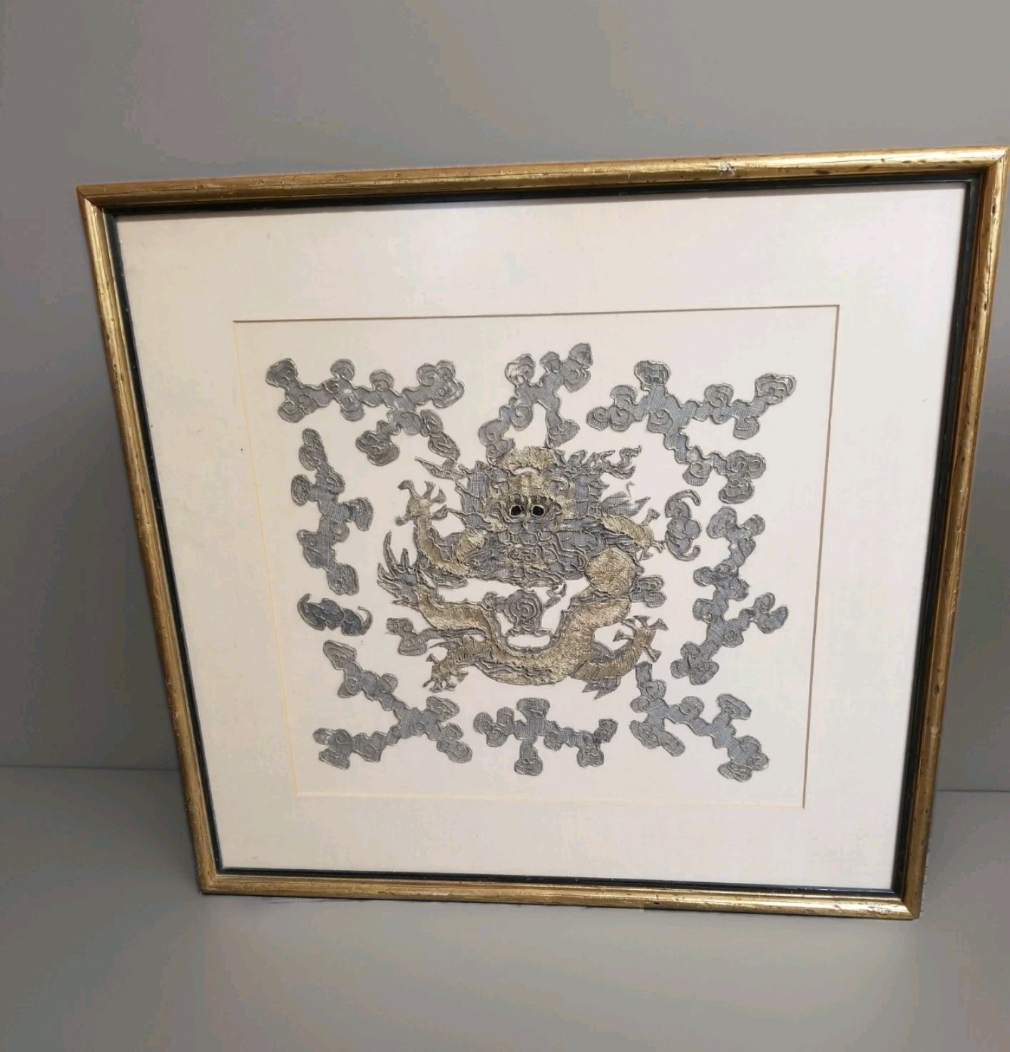 Antique Chinese Silk 5 Claw Dragon Clouds Embroidery Gold Fragments Badge