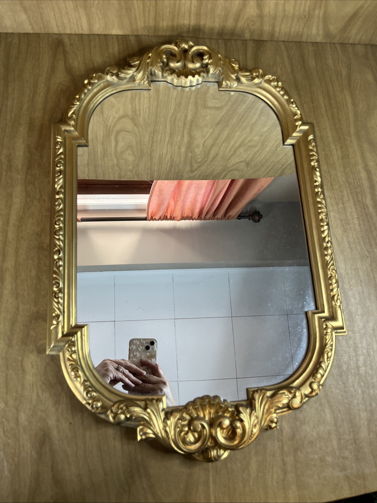 VTG French Country Rococo Gold Ornate Wall Mantle Mirror MCM Made In USA 24″x16”