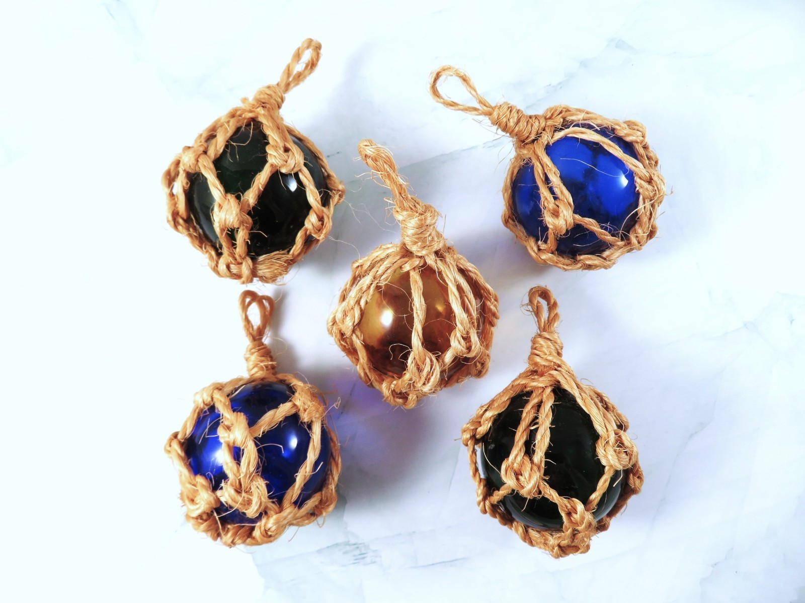 Hanging Blown Glass Fishing Floats Lot Of 5 Jute Green Blue Amber 2.25 In Wide