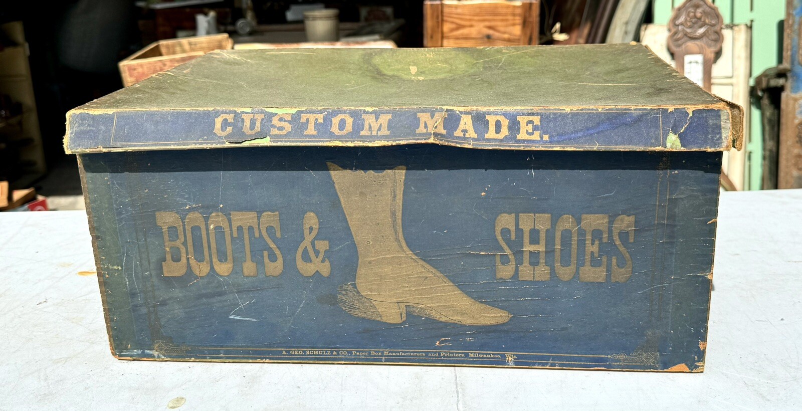 Rare Antique Boots And Shoes Wood Crate Geo. Schulz Primitive Box Victorian