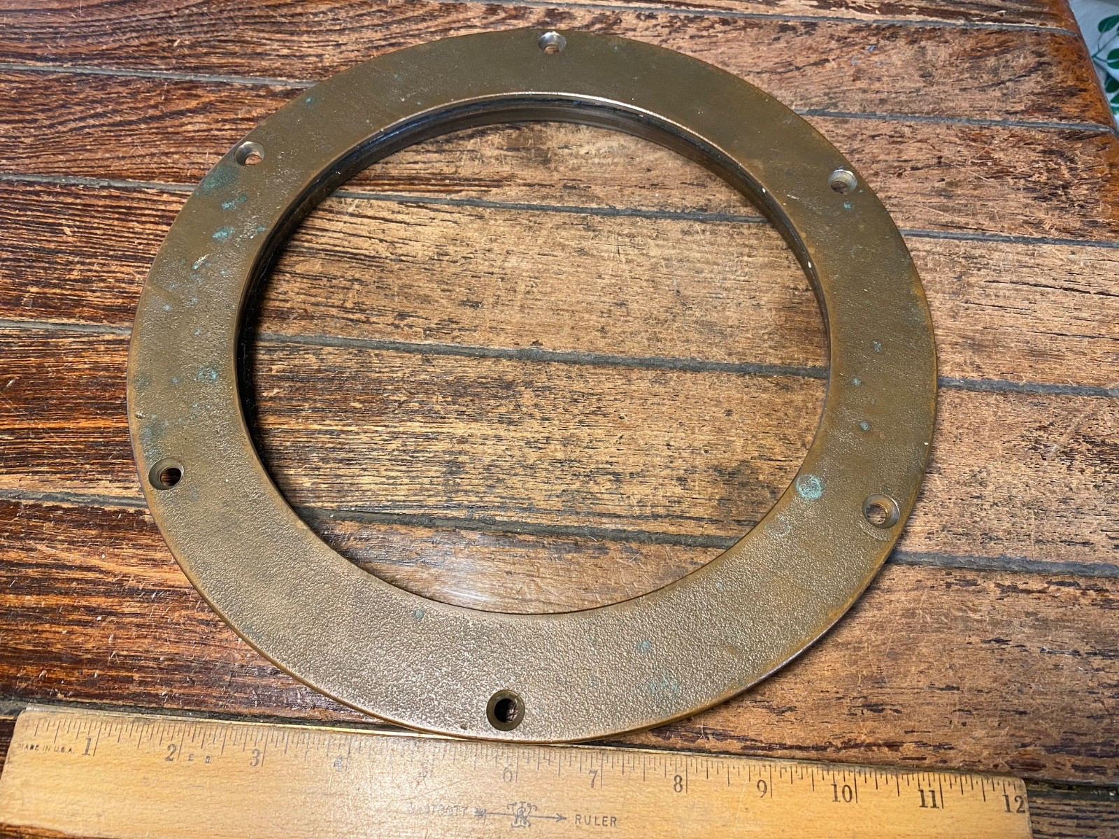 Vintage Bronze Fixed Port 11″ OD Flange, 8″ Glass, Nice Patina