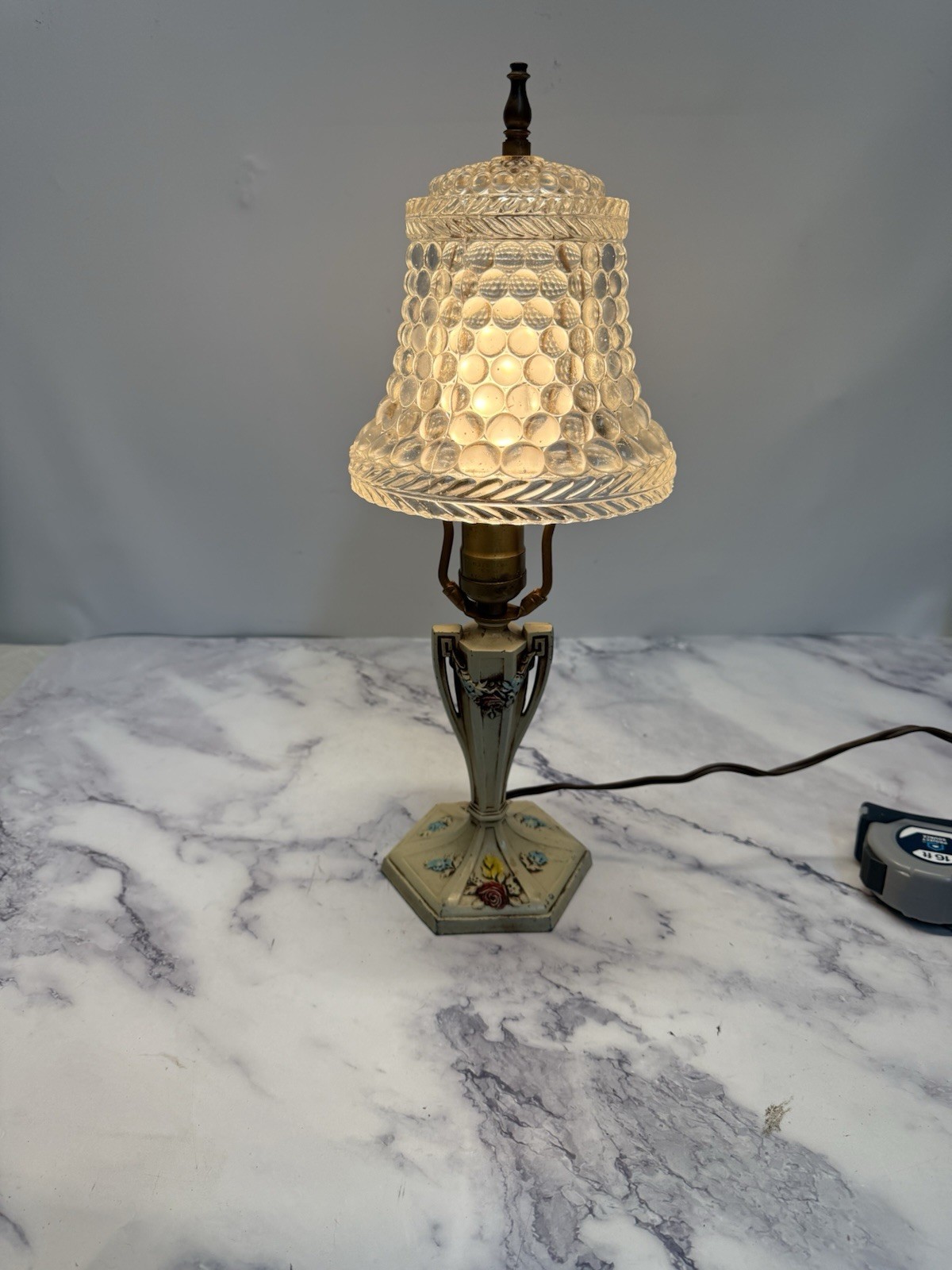 Antique Cast Iron Lamp With Pained Flowers USA Made PAT 11-22-21 Hob Knob Glass