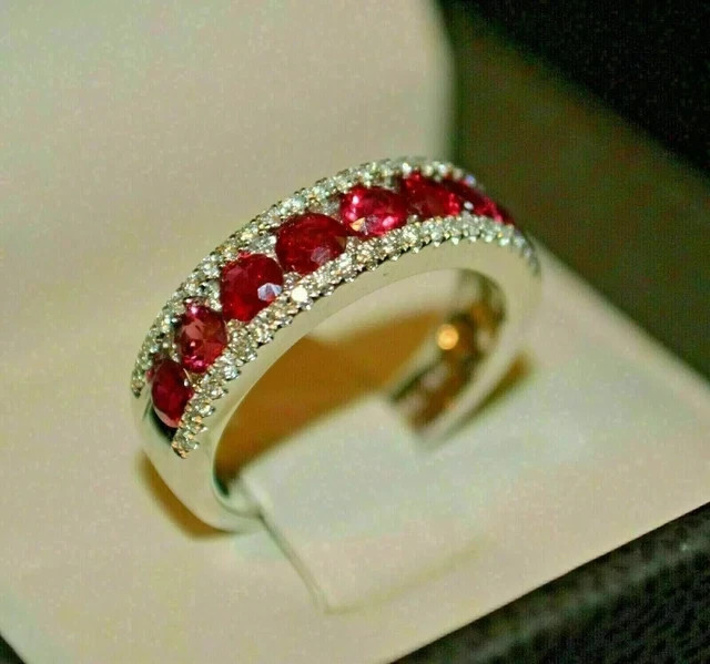 2CT Round Lab Created Ruby Diamond Wedding Women Band Ring 14K White Gold Plated