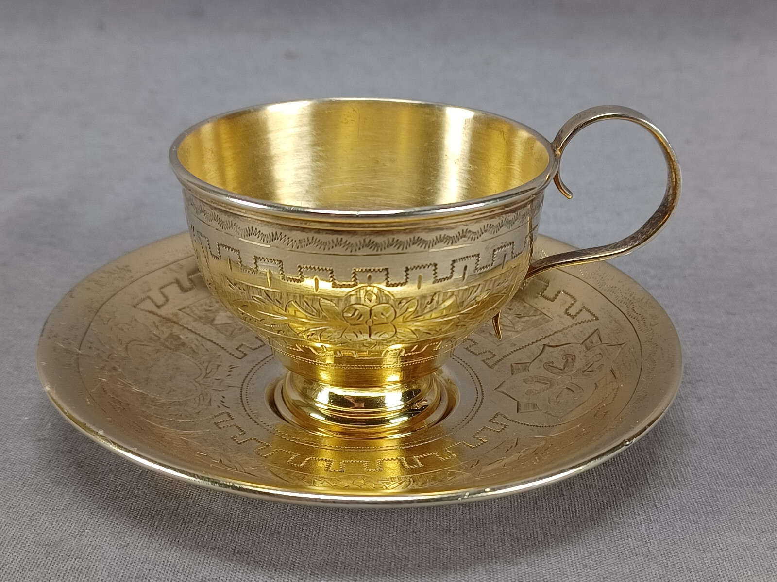Pyotr Abrosimov Moscow Russian Gold Washed Silver Demitasse Cup & Saucer C.1887