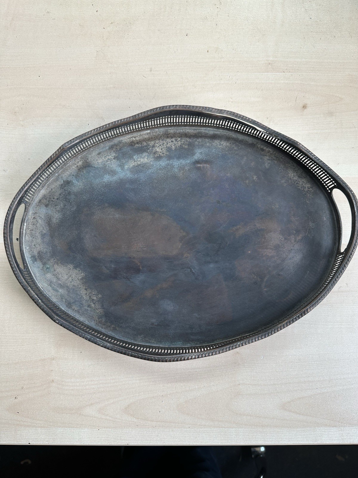 Antique Victorian Brass Oval Gallery Tray c1900 Pierced Rim Handles