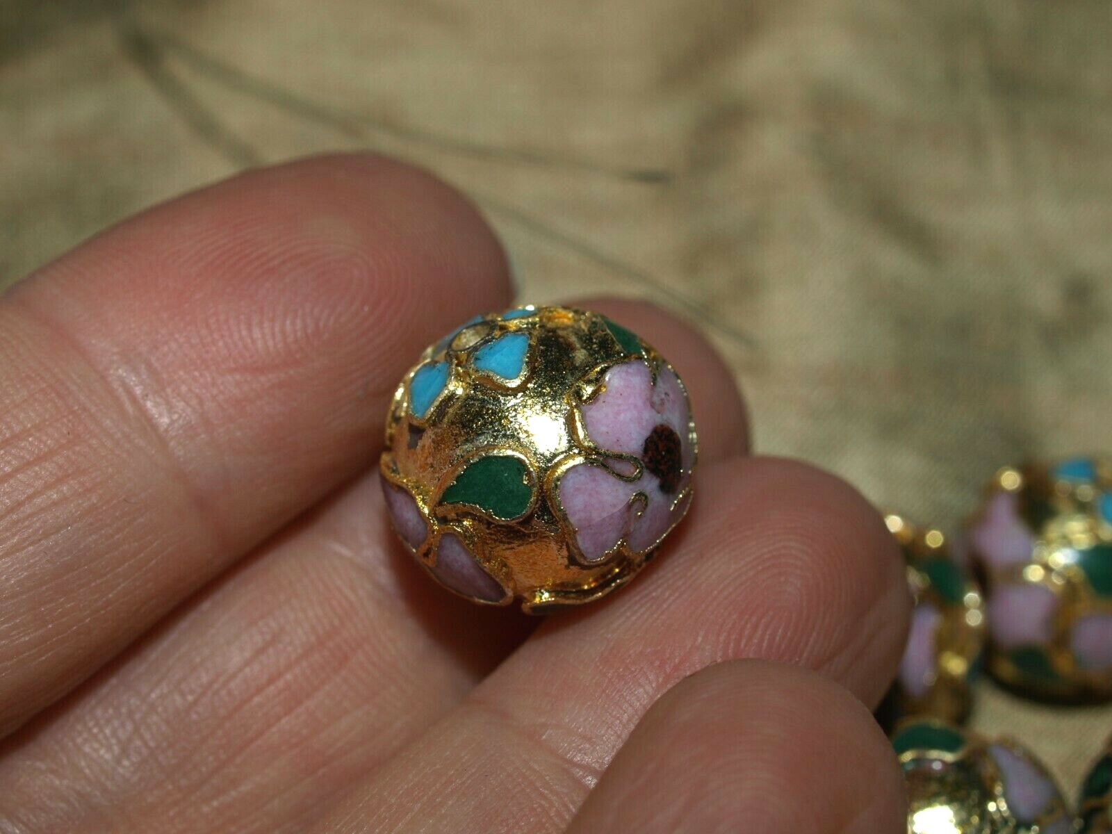 ONE Large Vintage Chinese Enamel Cloisonné Gold Bead Leaves Flowers Round 14mm