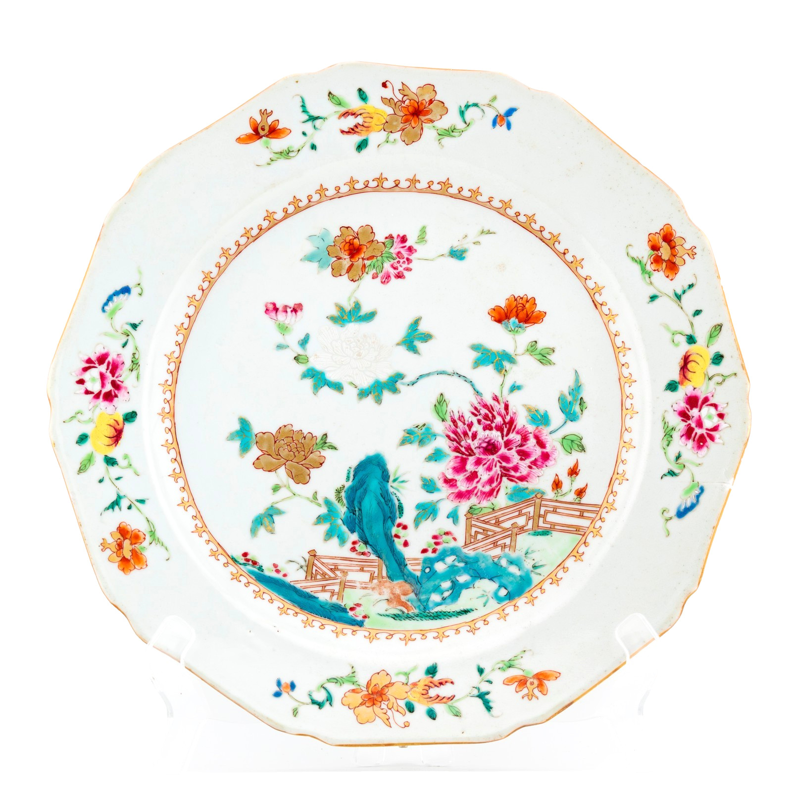 Chinese Porcelain Qianlong Plate Famille Rose Peony Gilt Qing Period 18C