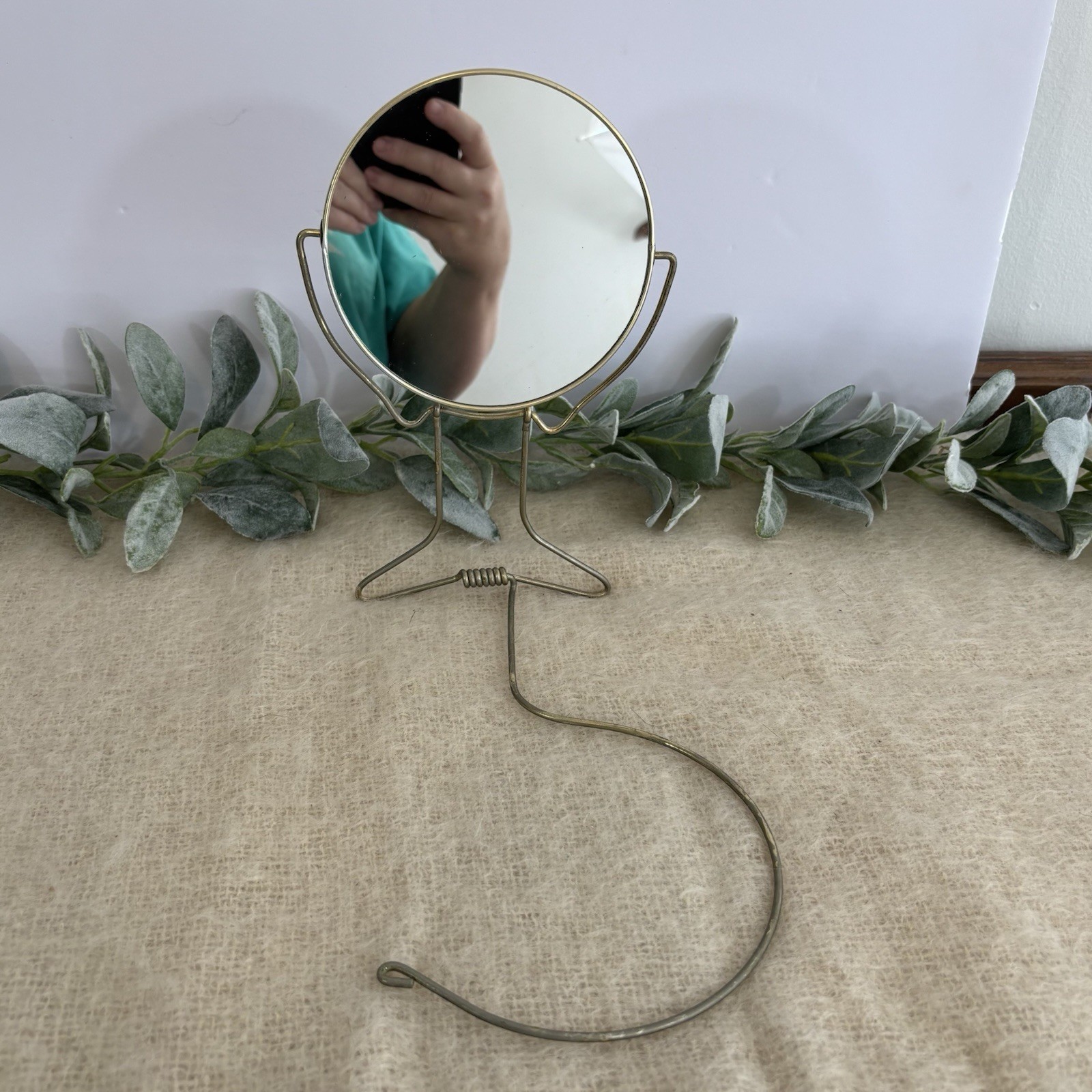 Vintage Tabletop Mirror Round 2 Sided Adjustable Metal Gold Colored Art Deco MCM