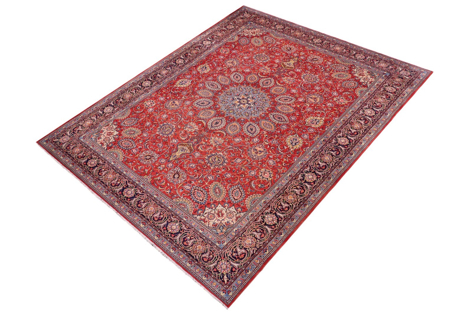 Hand-Knotted Wool Rug – 9.9 x 13 ft – Large Red Floral Medallion Traditional