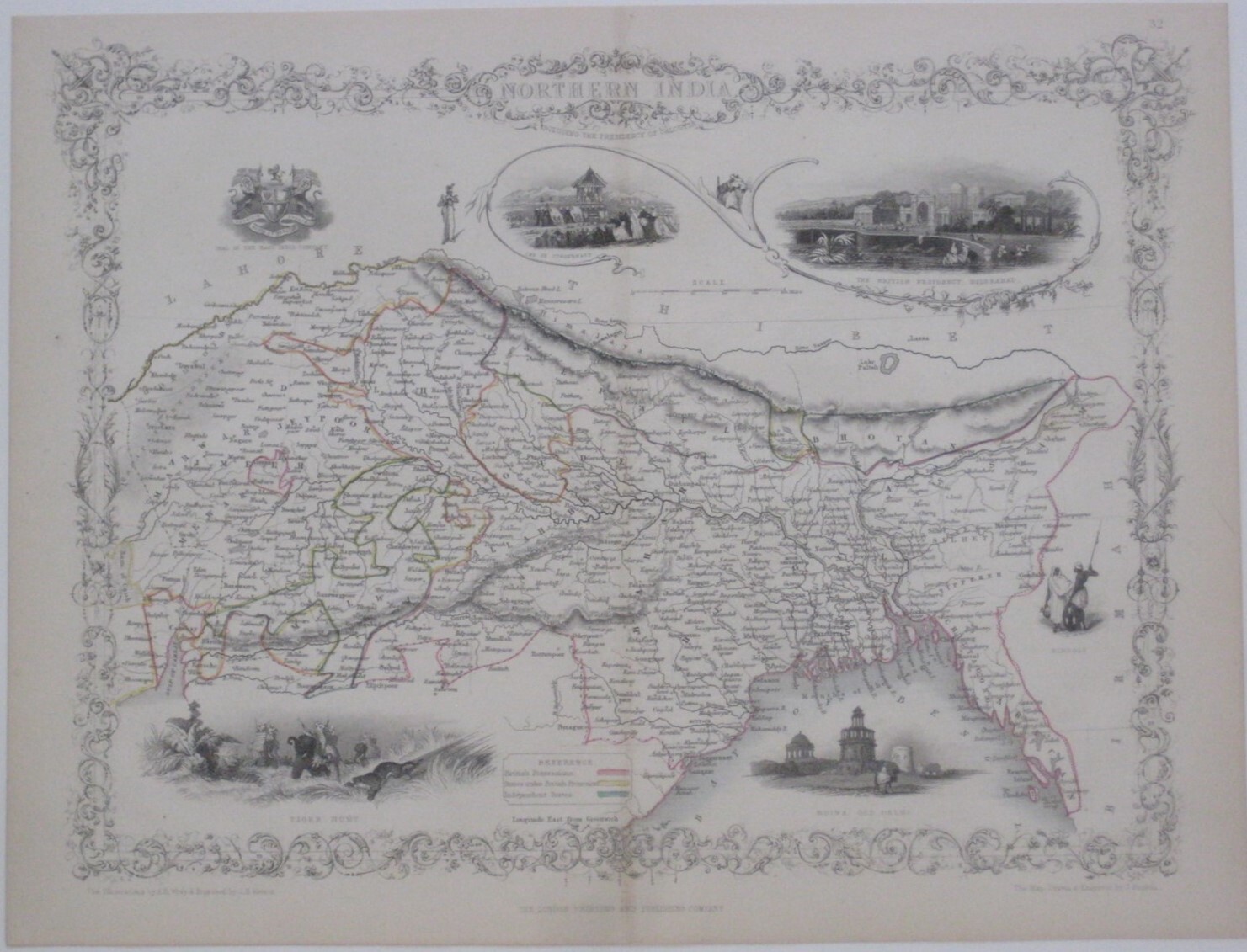 Original 1851 Tallis Illustrated Map NORTHERN INDIA Delhi Calcutta Benares Nepal