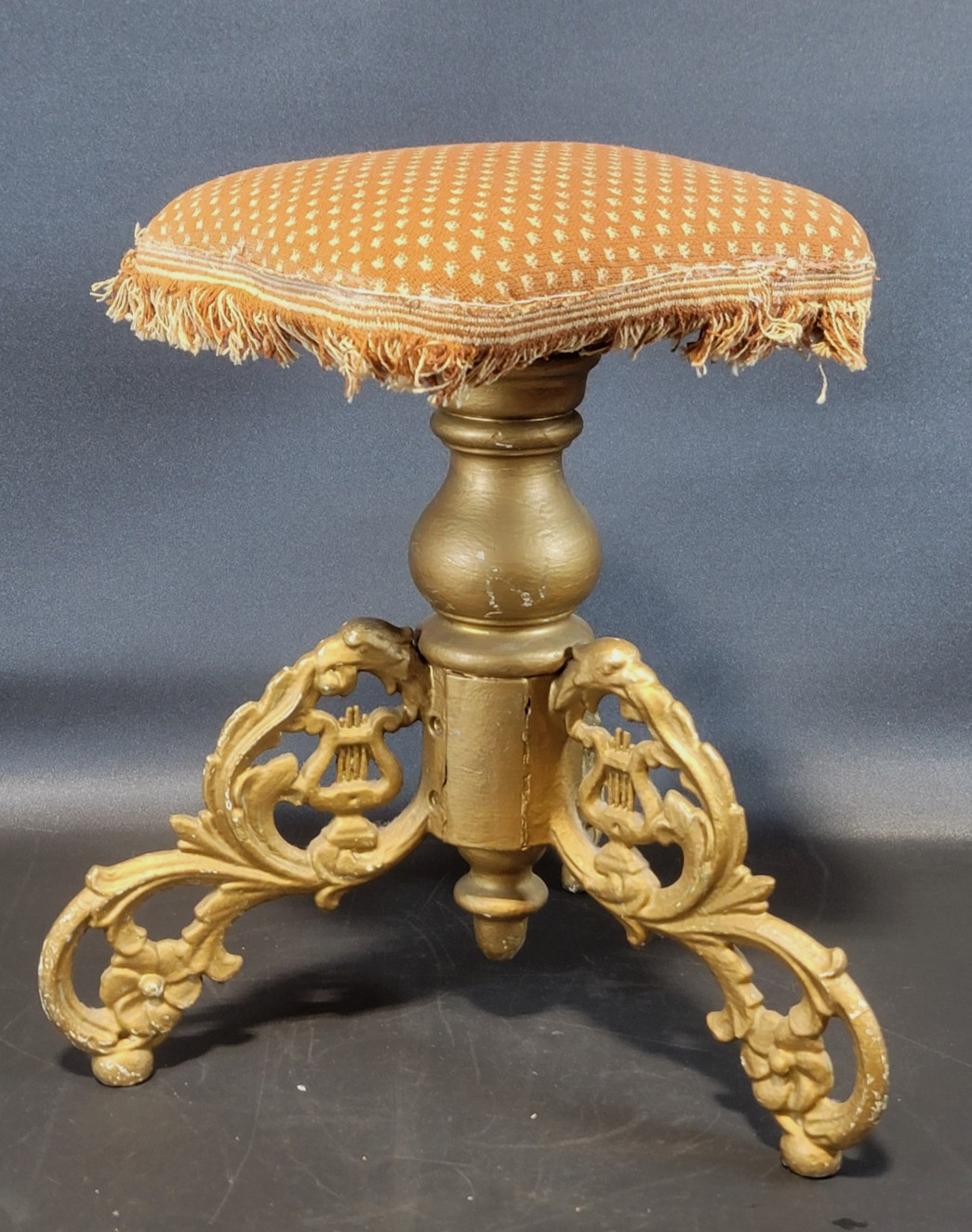 Antique Gold Painted Piano Stool Fringe Seat Ornate Harp Cast Iron Base