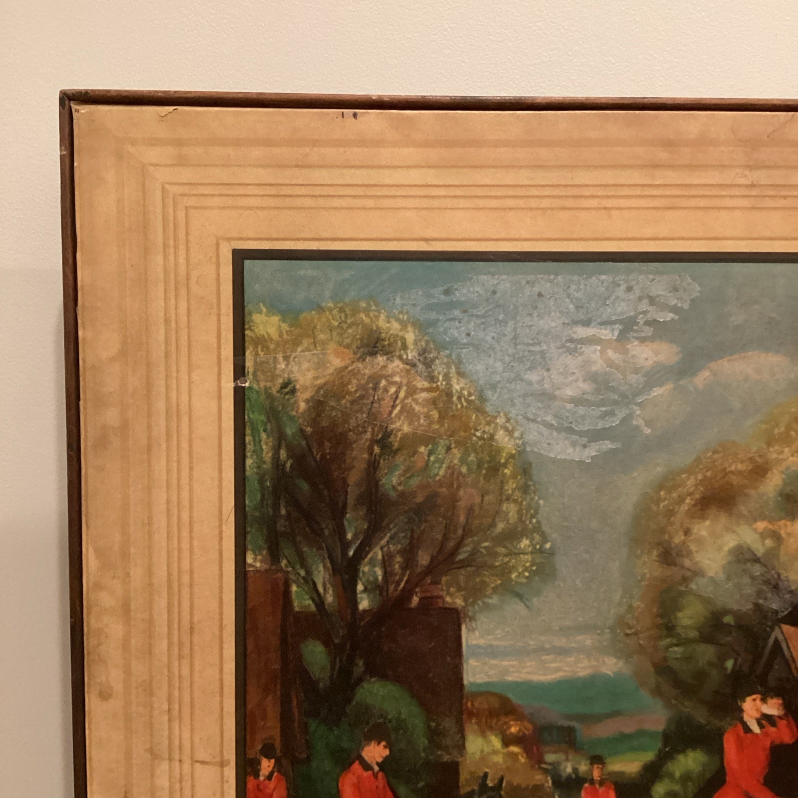 Vintage English Fox Hunt Scene Folding Card Table Fireplace Screen Wood Litho