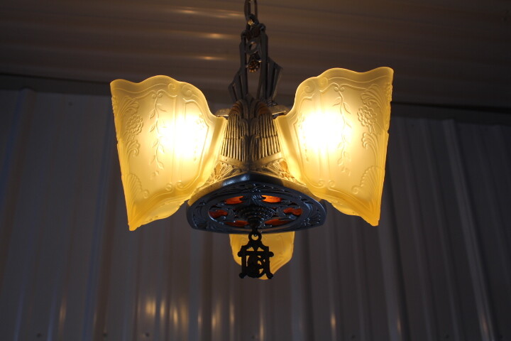Antique Art Deco Slip Shade Chandelier Ceiling Light Fixture Lincoln UV Reactive