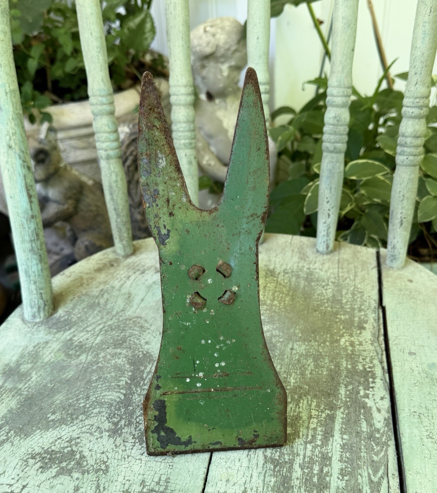 Vtg Cultivator Garden-Mattock Hand Tool Green Hoe/Rake-2 Prong Fork Wood Handle