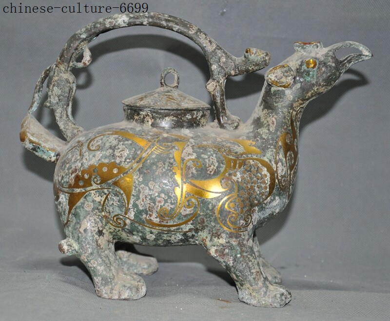 old Chinese dynasty bronze ware Gilt bird Rice wine tea Pot Flagon Wine vessel