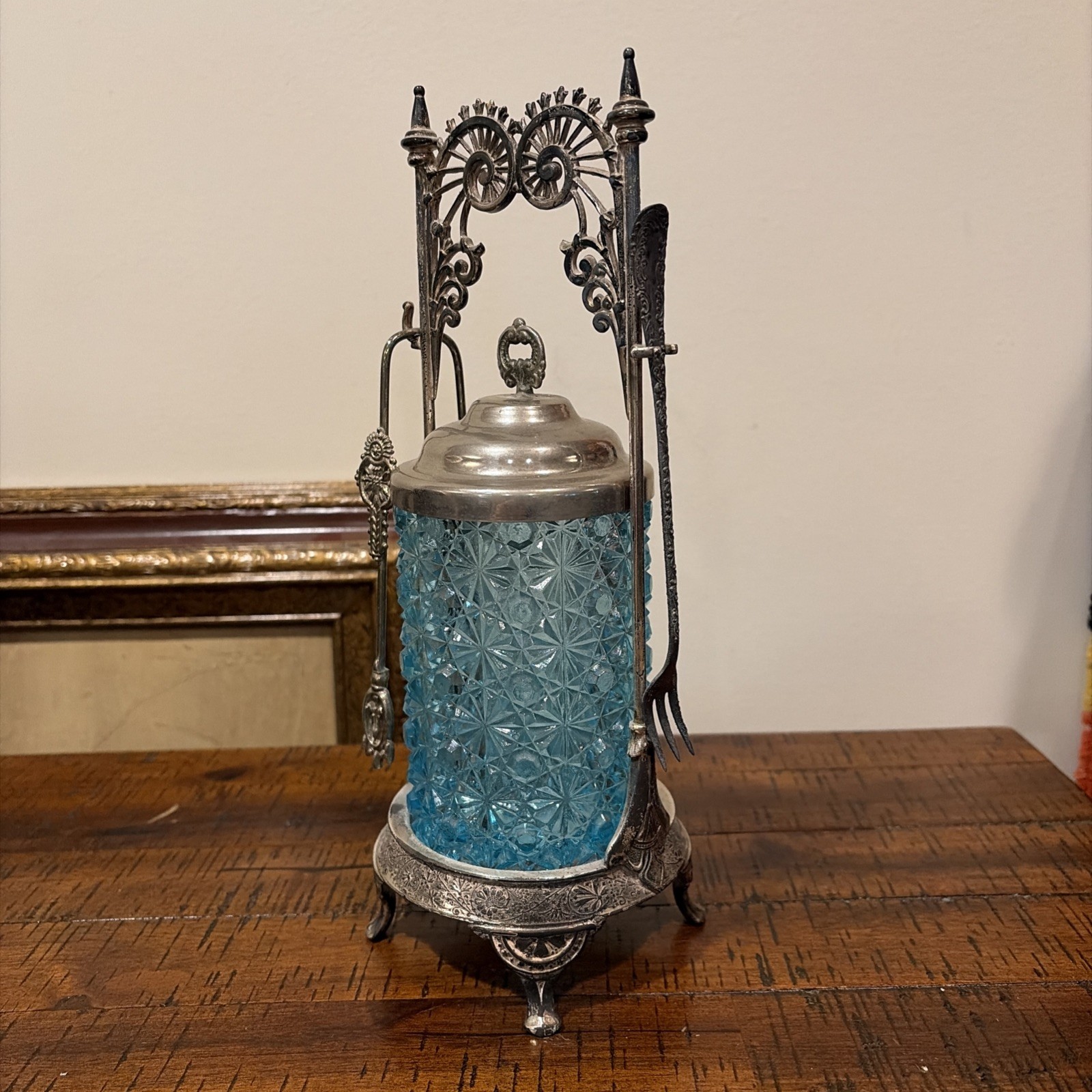 Antique Victorian Pickle Castor W/ Tongs Fork Textured Glass Blue READ DESC