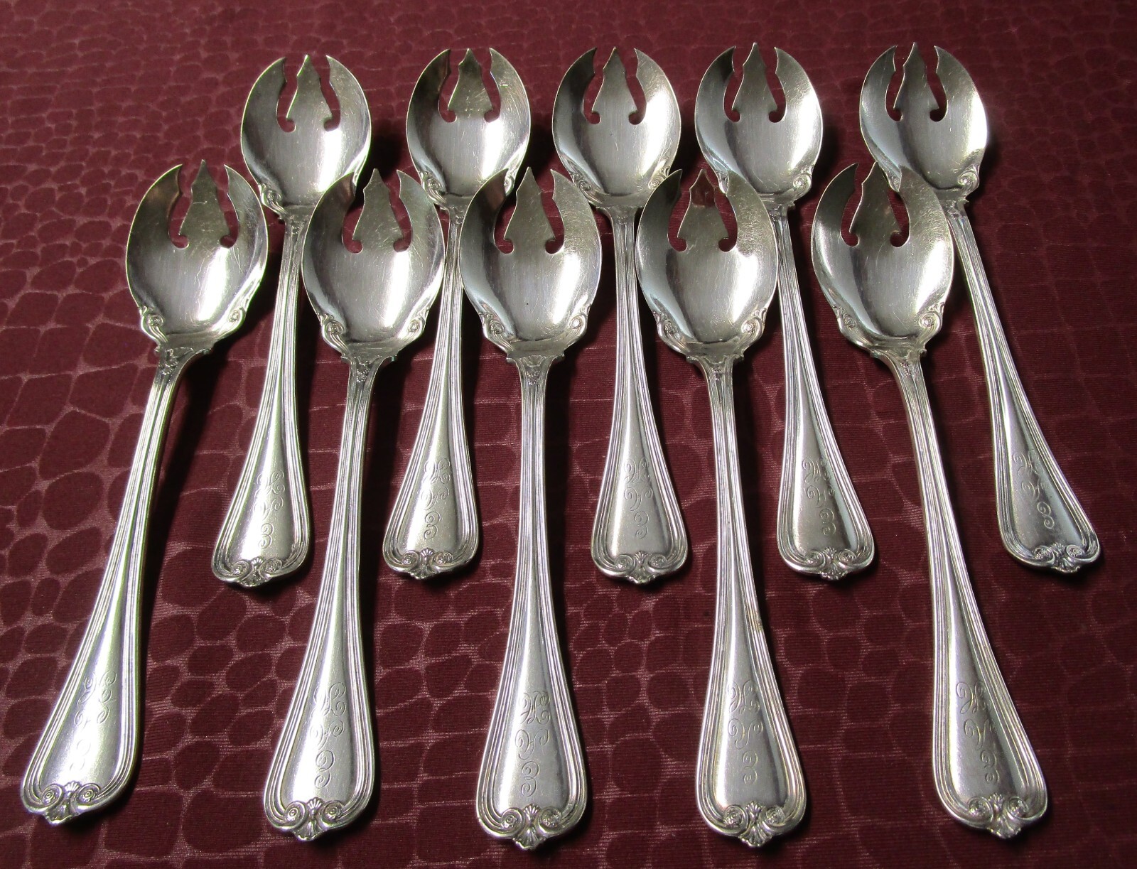 PRISCILLA 10 Ice Cream Forks 1900 Silverplate All Original EAM Monograms ru