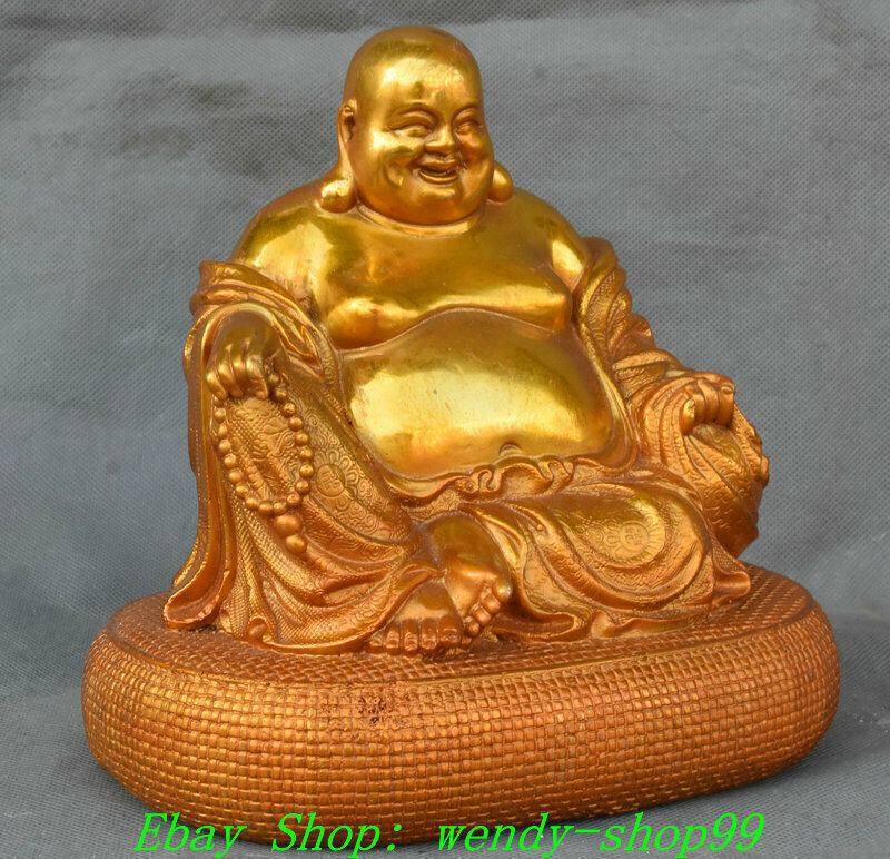 8″ Old China Bronze Gilt Wealth Happy Laugh Maitreya Buddha Coin Bag Statue