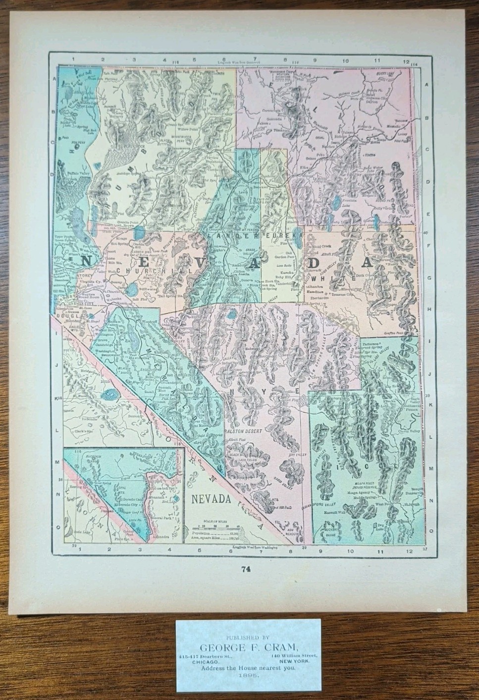 Vintage 1895 NEVADA Map 11″x14″ Old Antique Original AUSTIN EUREKA HAMILTON RENO