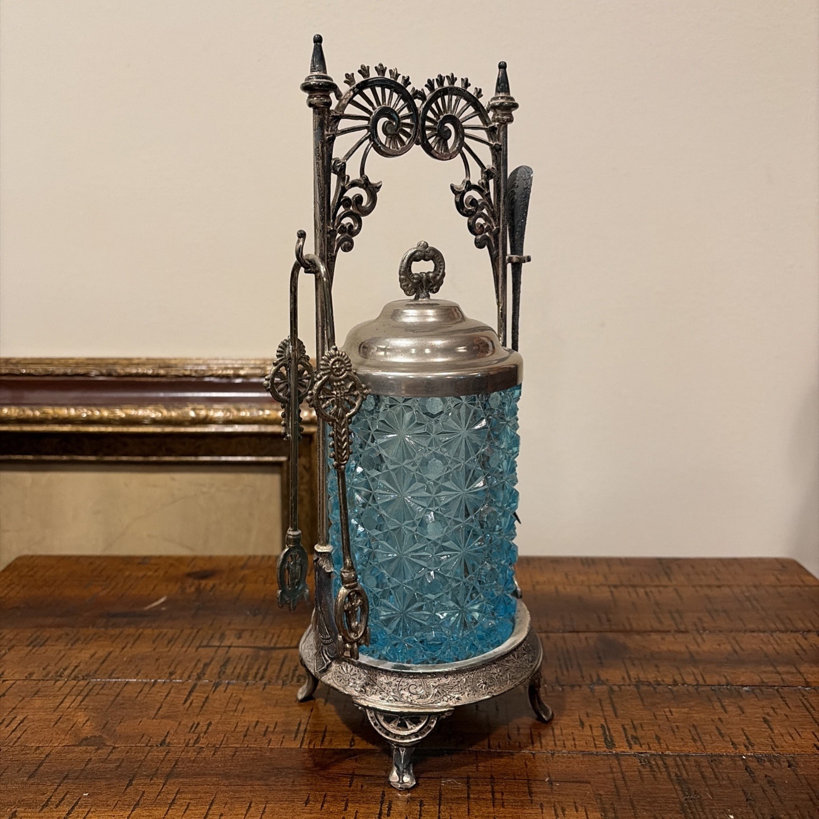 Antique Victorian Pickle Castor W/ Tongs Fork Textured Glass Blue READ DESC