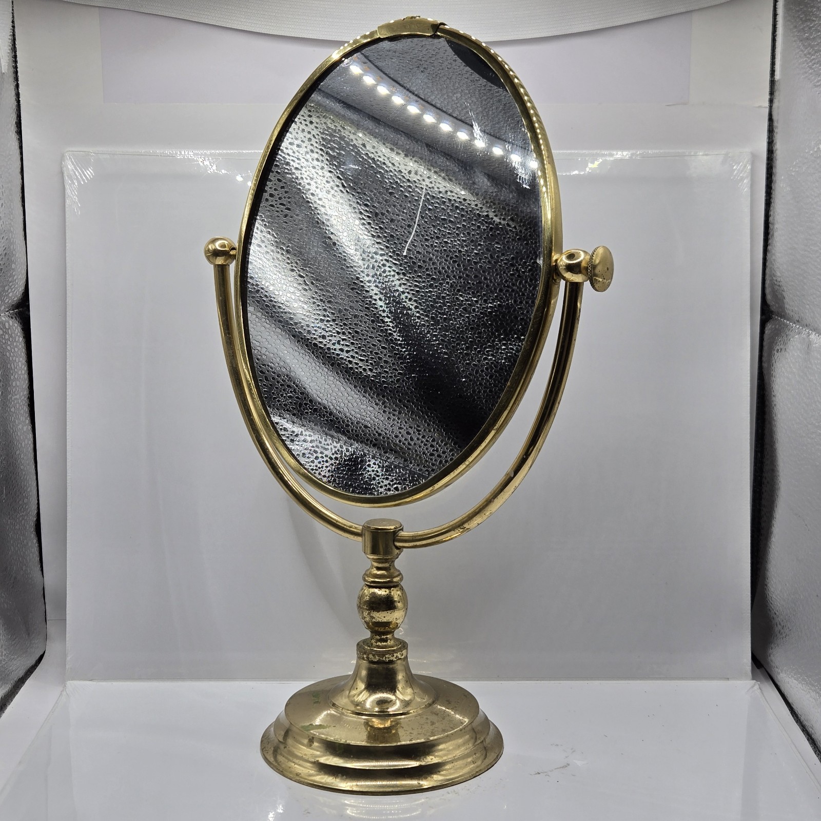 Vintage 1970s Golden Brass Round Vanity Pedestal Double Sided Mirror 13″H 8″W