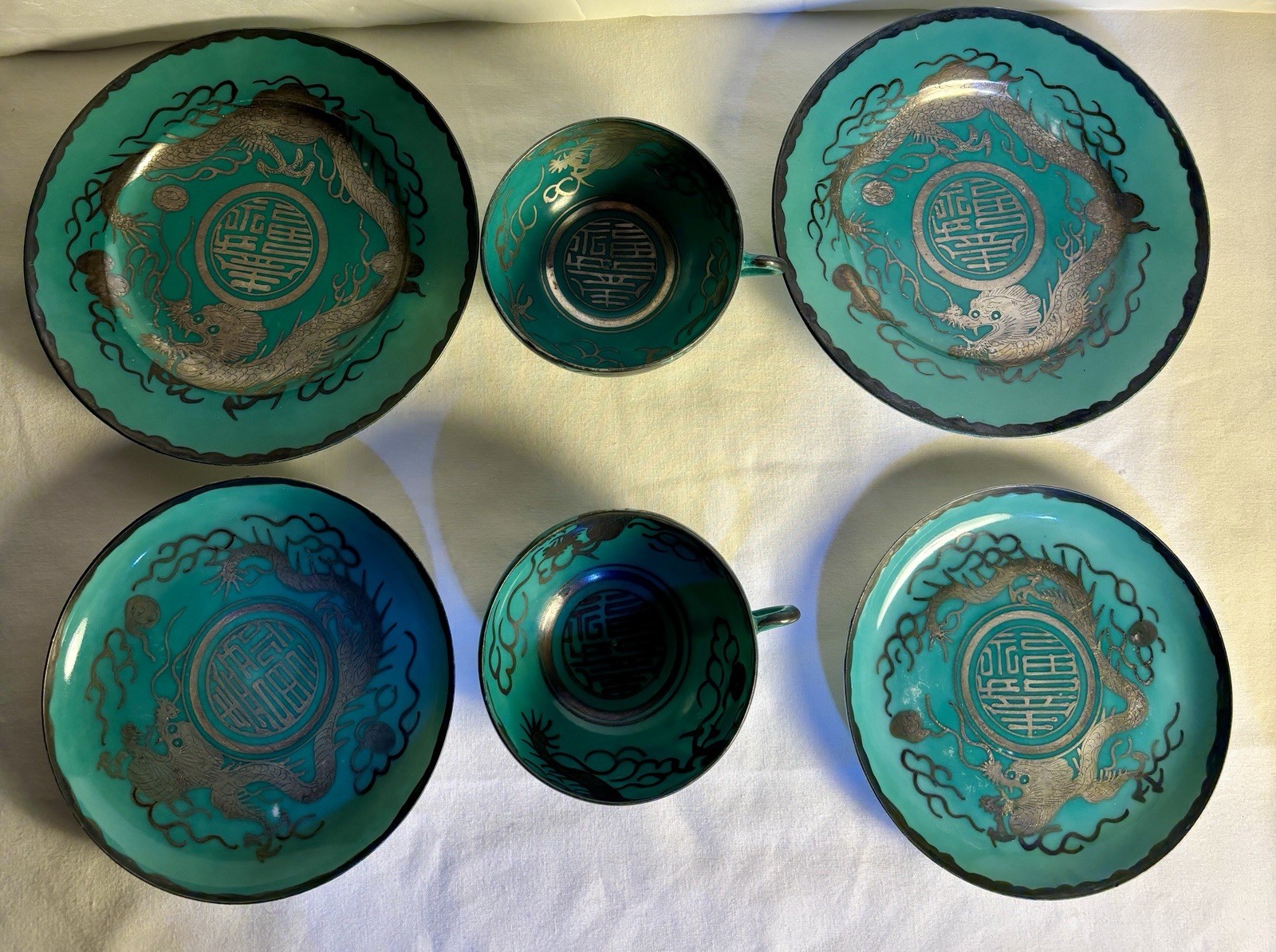 Antique Japanese Eiraku Porcelain Turquoise w Silver Dragon Meiji Period 6 Piece