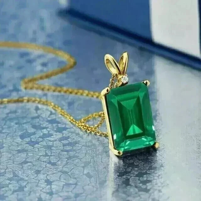 14K Yellow Gold Plated Lab Created Emerald 5 Ct Emerald Cut Solitaire Pendant