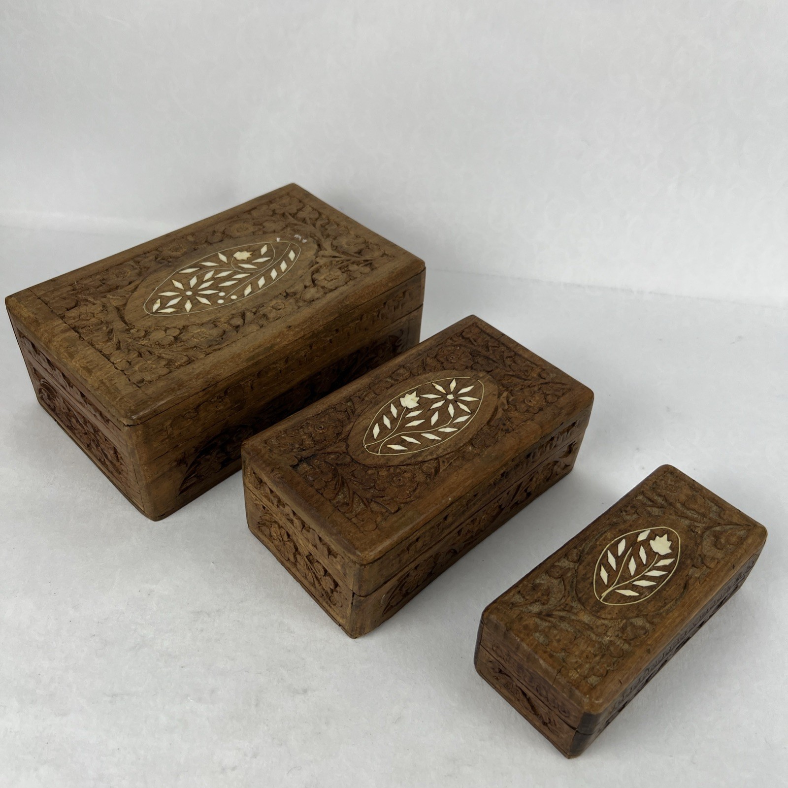 (3) Antique Wooden Handcrafted Bone Inlaid Floral Pattern Jewelry Boxes