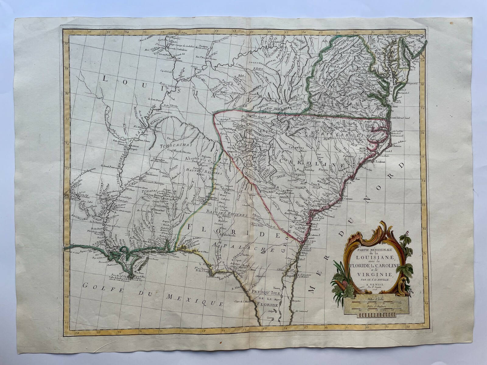 LOUISIANA FLORIDA CAROLINA VIRGINIA 1776 P. SANTINI LARGE ANTIQUE ENGRAVED MAP