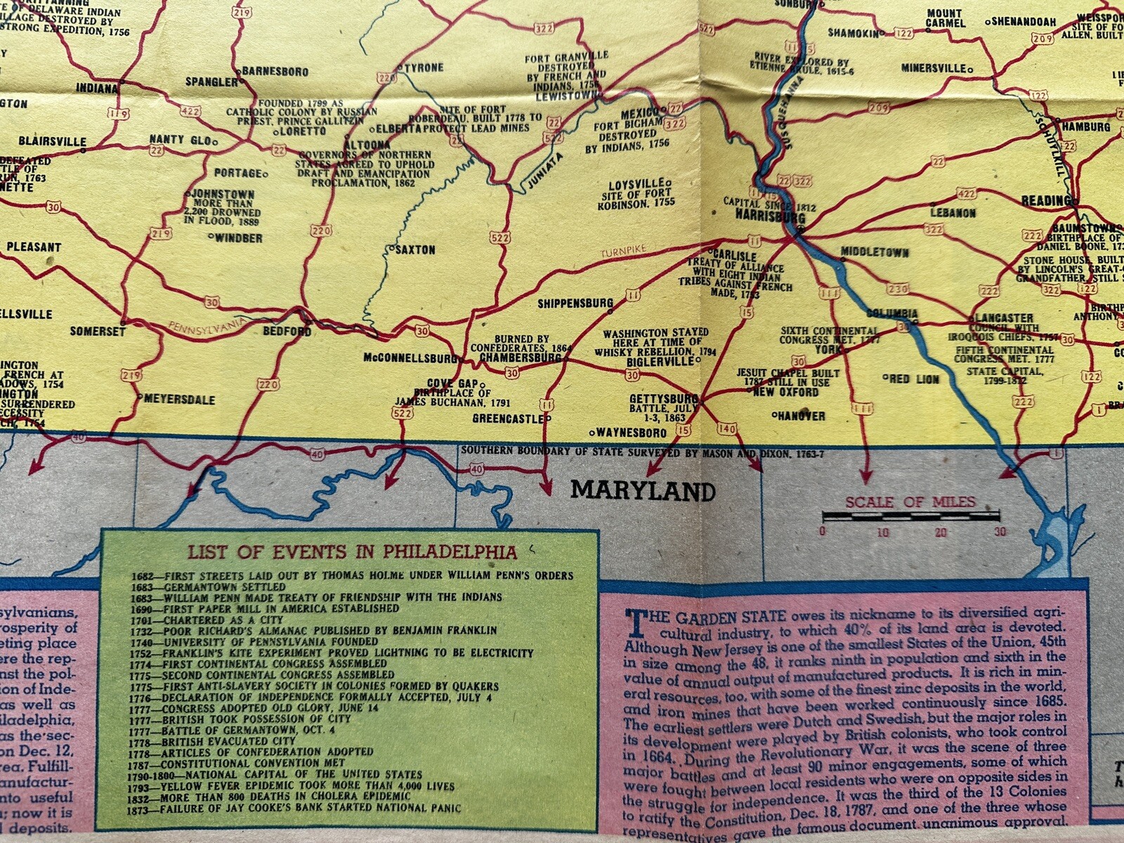 NJ & Pennsylvania 1949 Historical Events rare Sunday color Newspaper Map dates