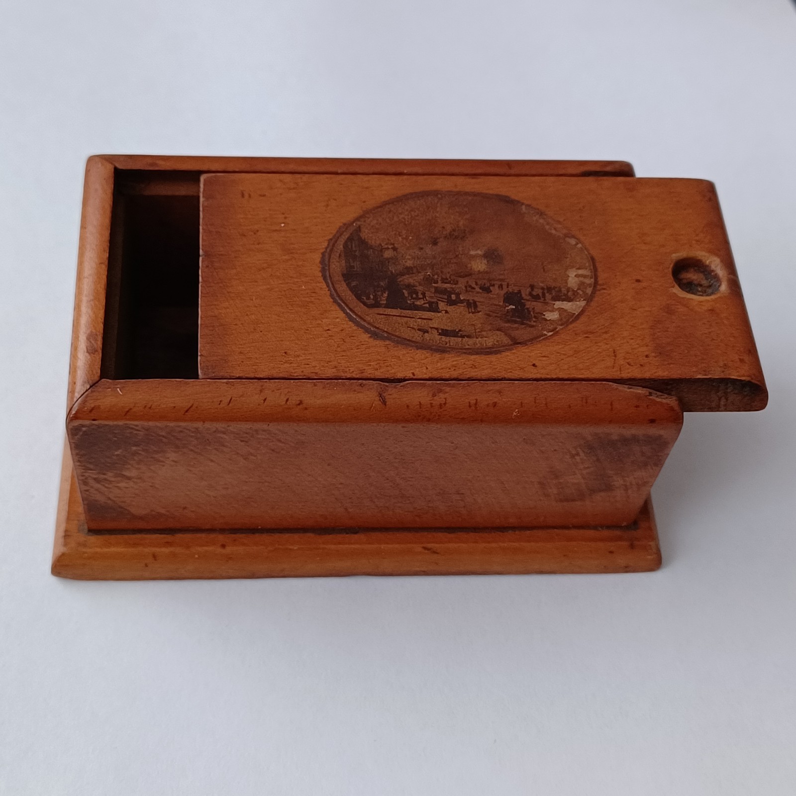 Antique vintage Mauchline Ware wooden box possibly Isle of Man sliding lid