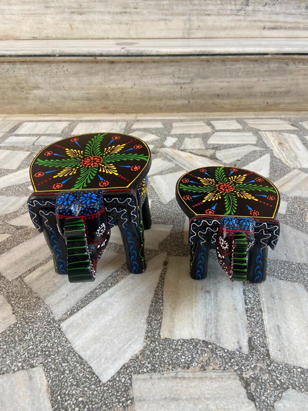 Embossed Wooden Stool Indian Home Decor Chowki Antique Art Low Table Secorative