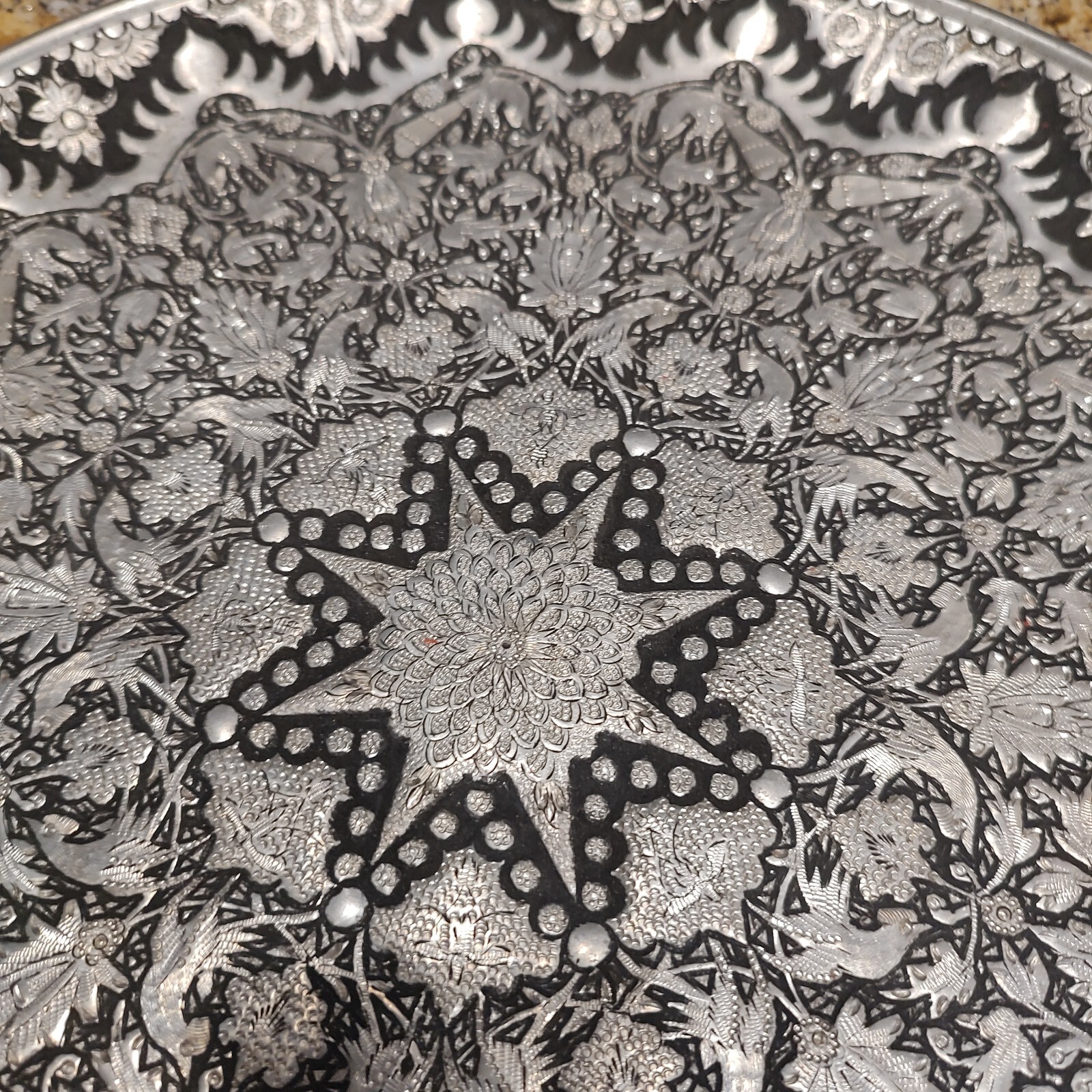 Vintage Handmade Vintage Middle Eastern Round Silver Tray  Floral Design