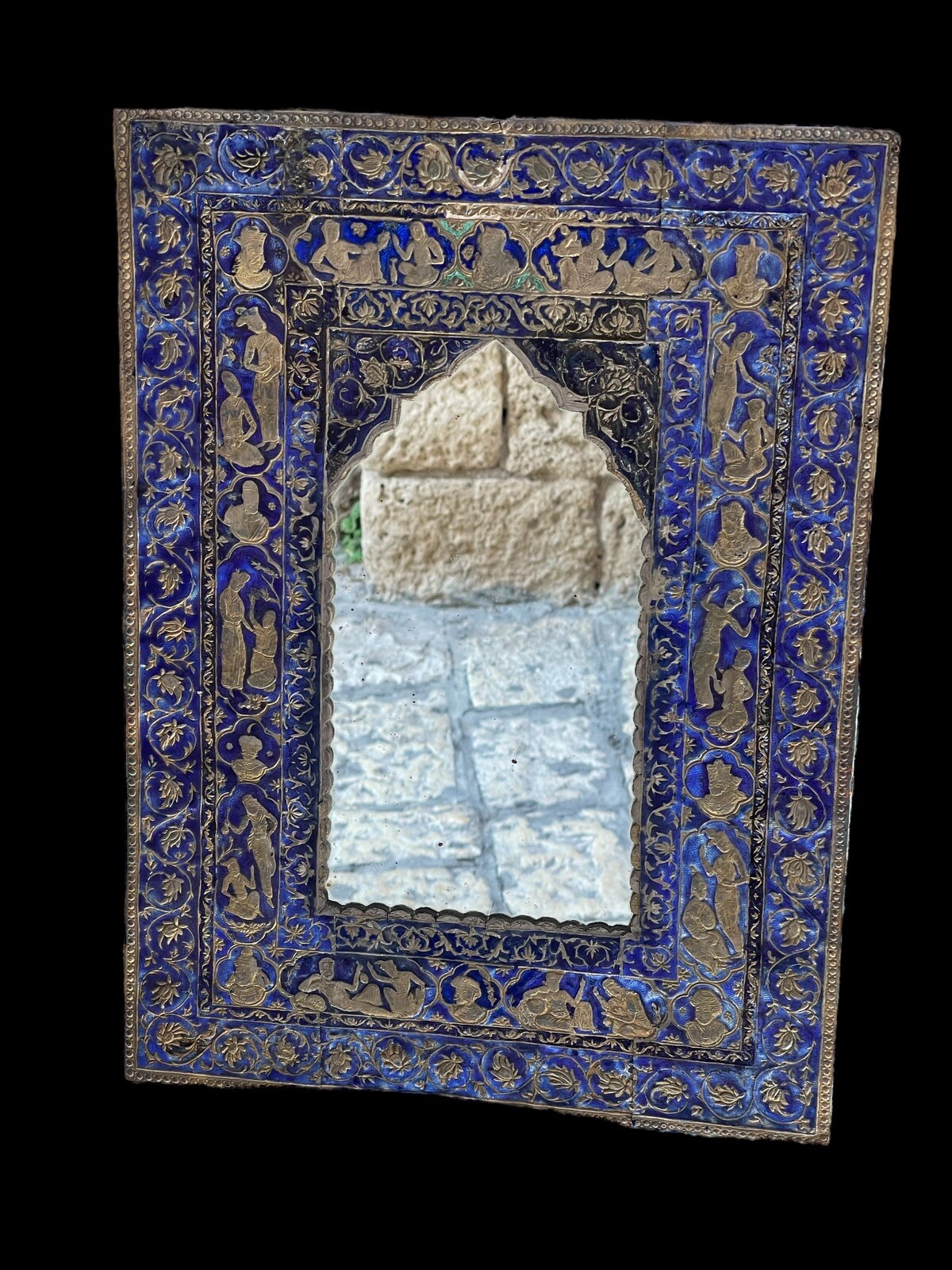 Old persian silver & emanel mirror hand mirror 43.5/32cm make up mirror