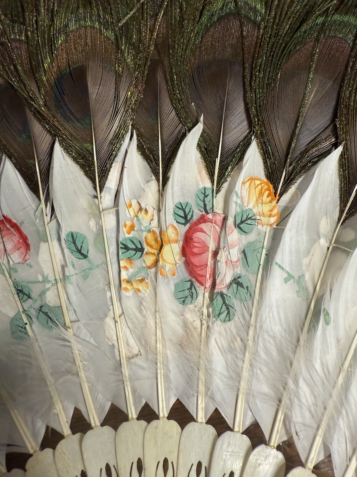 Antique Chinese Painted Peacock Feather Fan With Carved Sticks