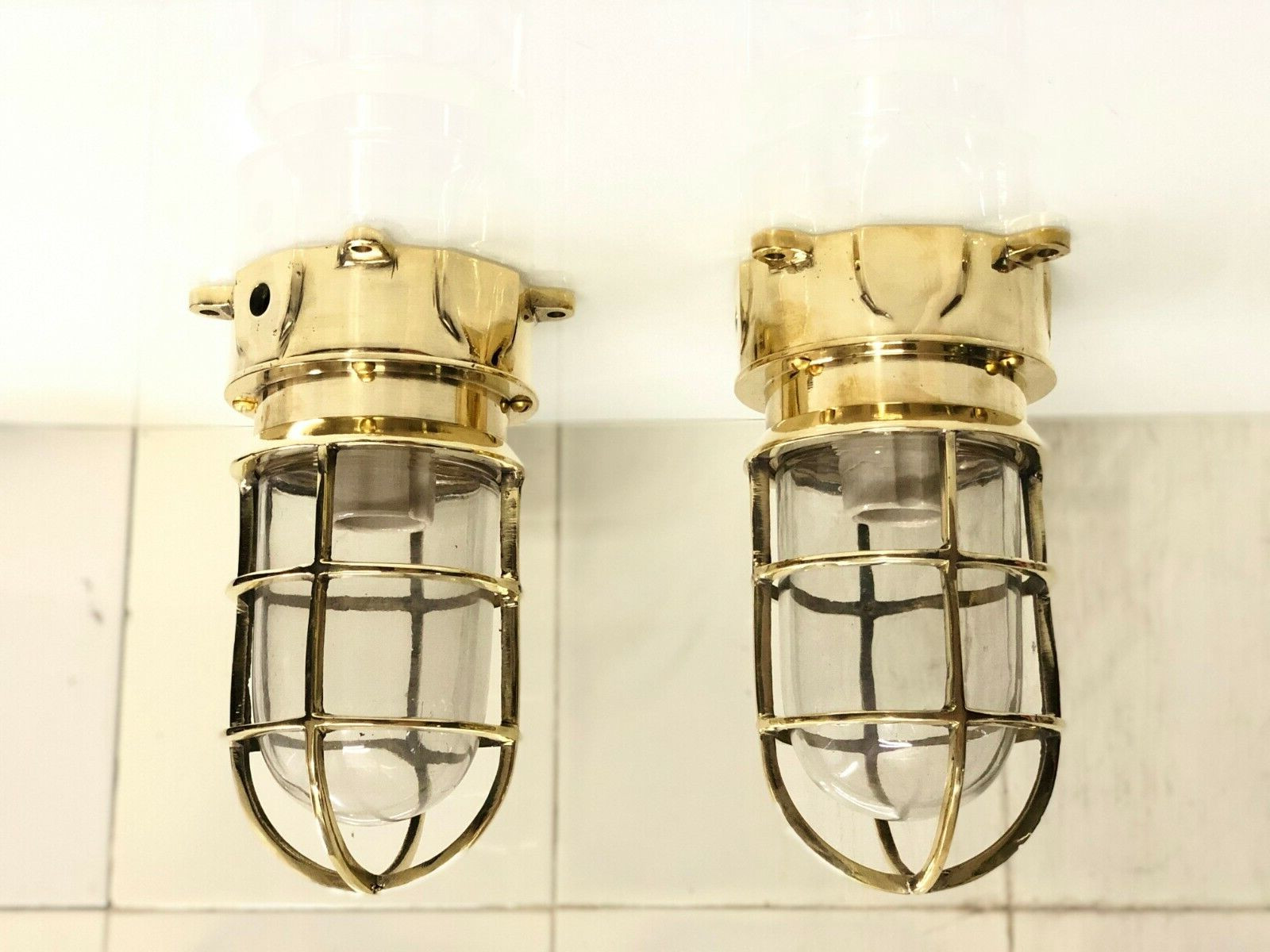 Lot of 2 Brass Bulkhead Ceiling Lamps – Post Mount Fixtures with Junction Box