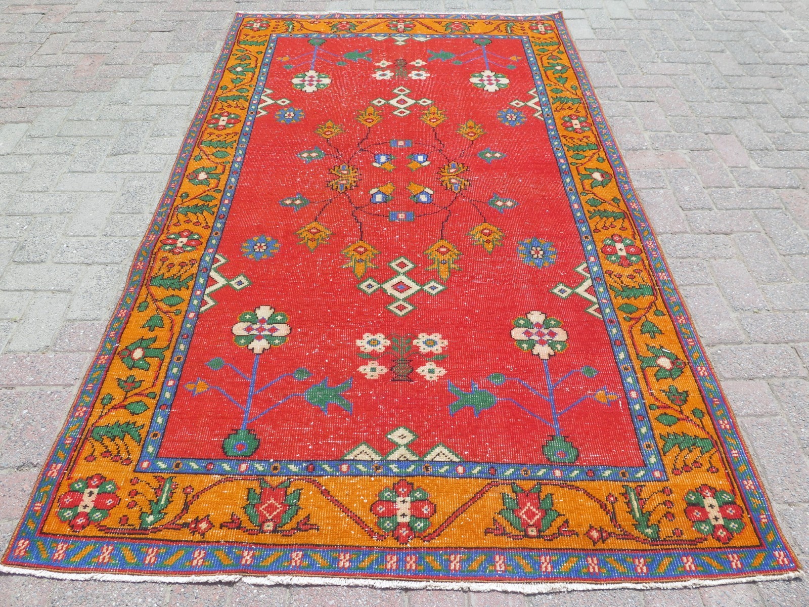 Bright Red Vintage Turkish Distressed Carpet, Large Handmade Modern Rug 54″x94″