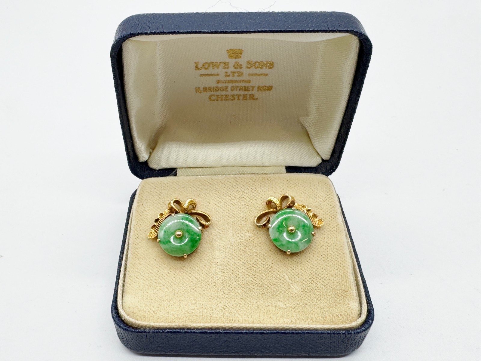 ANTIQUE SOLID 14ct GOLD 14K CHINESE JADE DISC LADIES EARRINGS