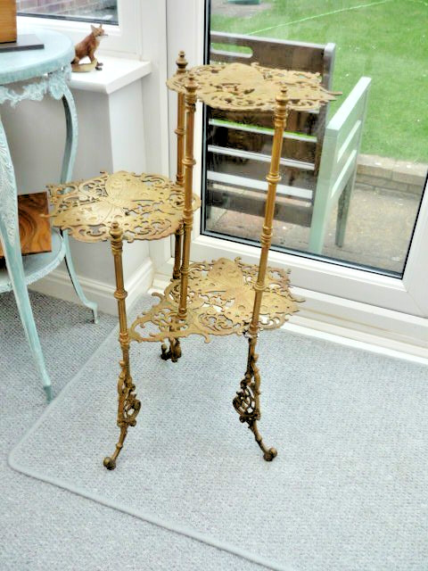 Antique ? 3 tiered Heavy BRASS PLANTER stand