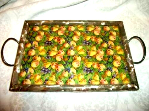 1900 JAPAN PEARLIZED METAL PETITE TRAY FRUIT LITHOGRAPH PAPER GLASS ANTIQUE RARE