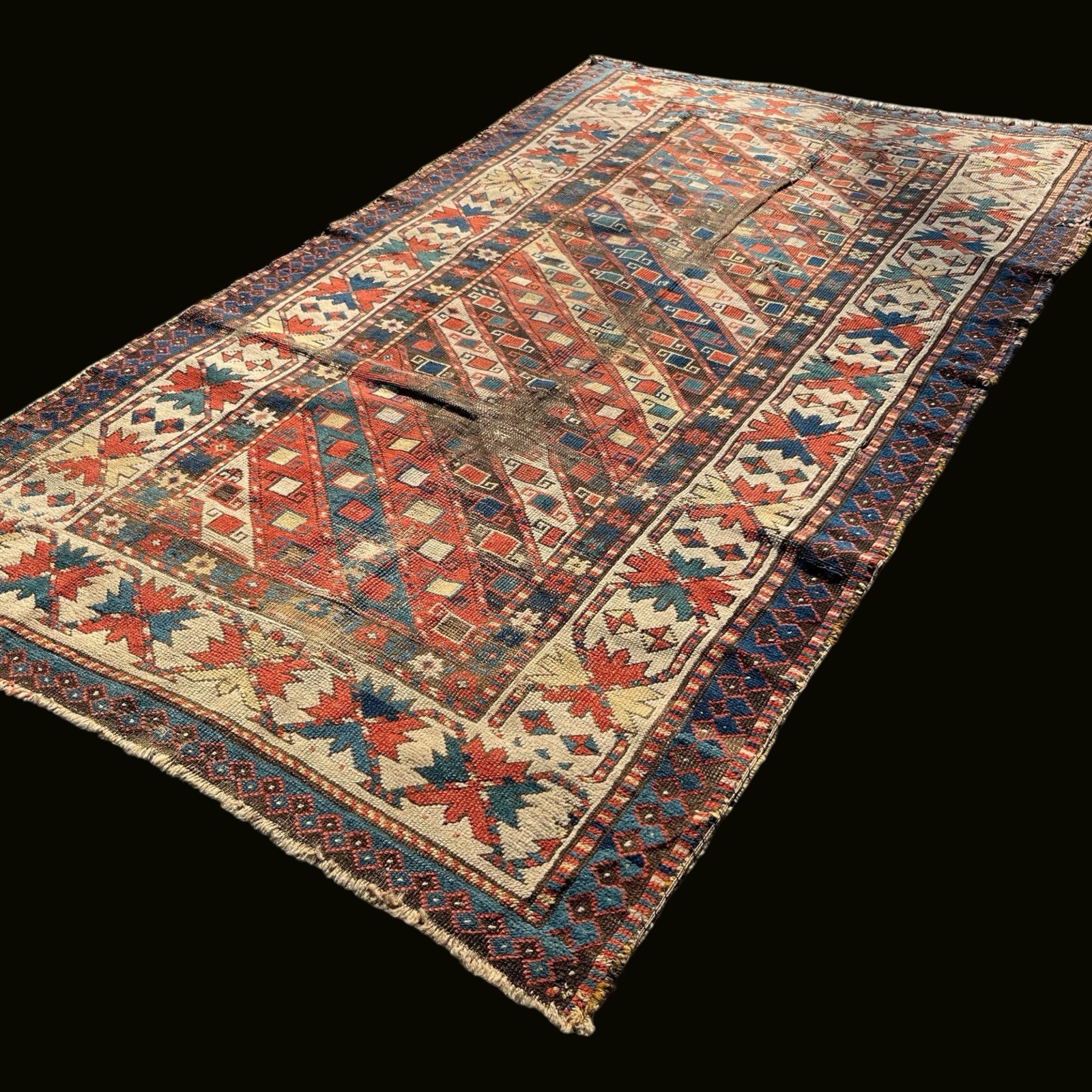 Antique 1890s Caucasian Rug 4×7 Hand Knotted Gendje Wool Rug Geometric